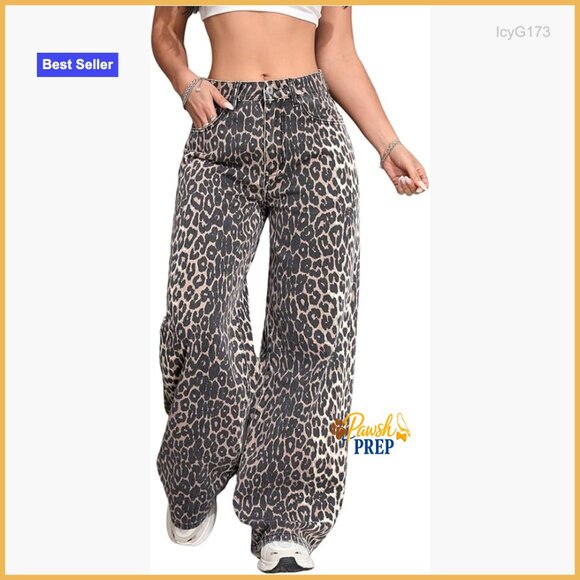 Denim - High Waisted Wide Leg Jeans Y2K Animal Print Casual Denim Pants